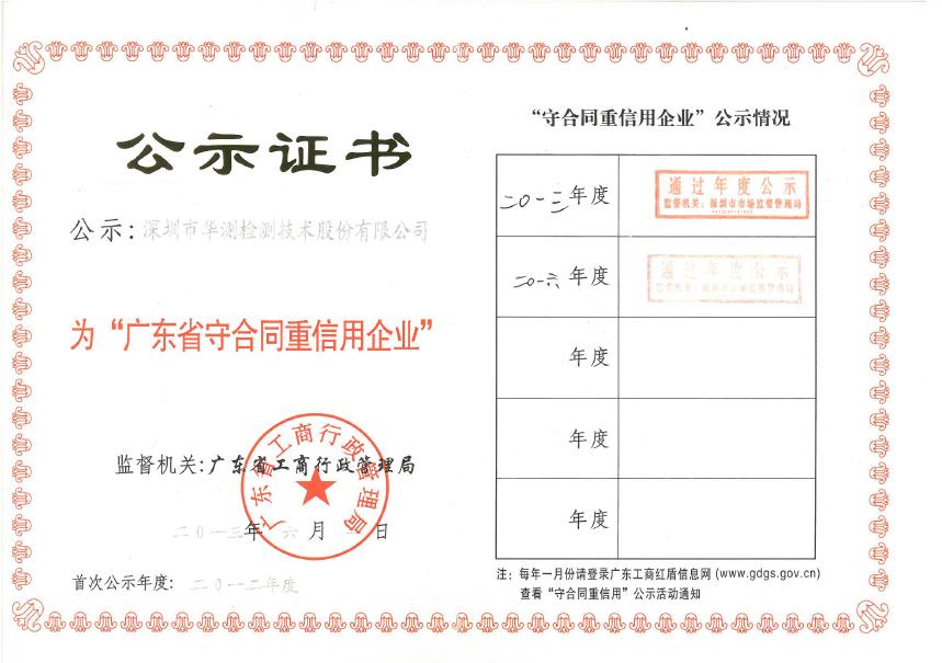 廣東省守合同重信用企業證書